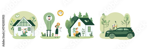 Eco friendly home with solar panel, woman energizing smart device with green energy bulb, eco house with tree roof garden, man charging electric car with solar power
