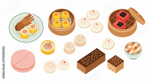 Assorted Chinese dim sum shu mai chicken feet steamed buns cake and other desserts