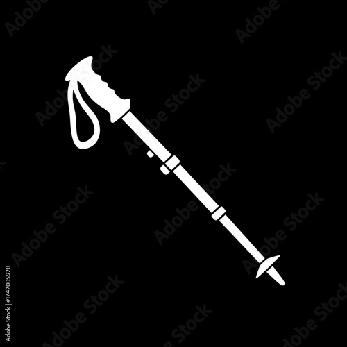 White silhouette of a single trekking pole for hiking and outdoor activities.
