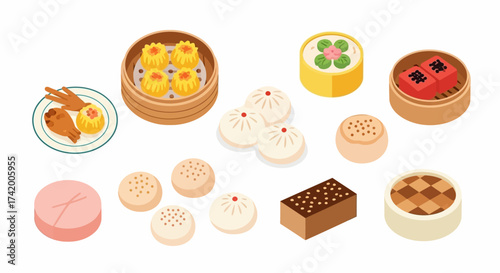 Assorted Chinese dim sum shu mai chicken feet steamed buns cake and other desserts
