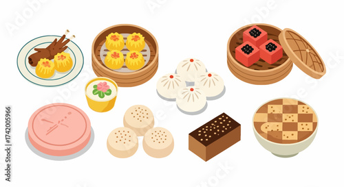 Assorted Chinese dim sum shu mai chicken feet steamed buns cake and other desserts