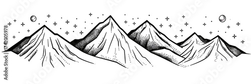 Black and white hand-drawn mountain range with starry night sky minimalist engraving style detailed outline vector illustration for nature and landscape themes