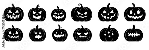 Collection of black and white minimalist Halloween jack o lantern silhouettes with various spooky scary pumpkin faces and expressions vector illustration