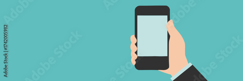 Hand holding smartphone with blank screen on blue background isolated minimal flat vector illustration digital mobile device communication technology concept