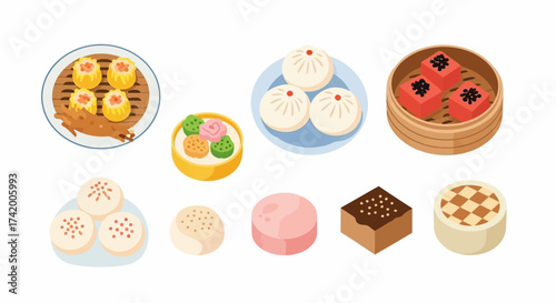 Assorted Chinese dim sum shu mai chicken feet steamed buns cake and other desserts