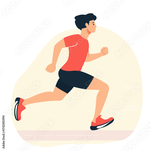 Side view of male runner in red shirt and black shorts sprinting fast with athletic shoes in flat minimalist vector style fitness concept illustration
