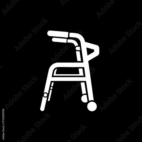 White line icon of a medical walker mobility aid for elderly and disabled individuals.