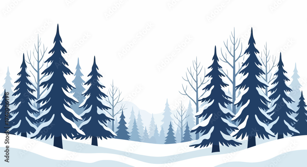 Obraz premium Winter forest scene with dark blue evergreens and lighter blue background trees against a white backdrop
