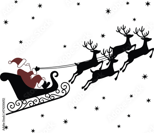 Santa claus and reindeer flying in a sleigh on transparent background silhouette