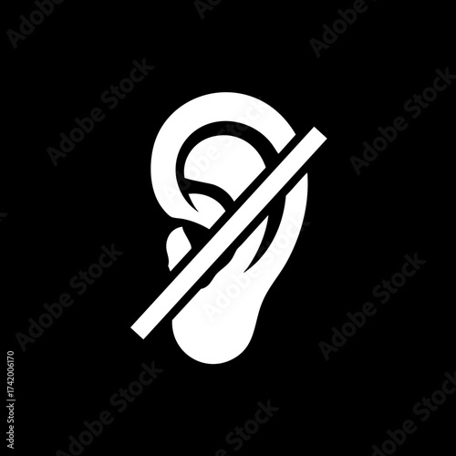 White ear icon with diagonal line symbolizing hearing impairment or no sound.