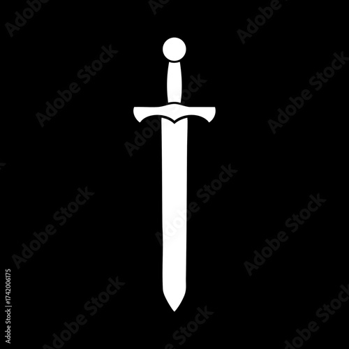 Simple white sword icon on black background.
