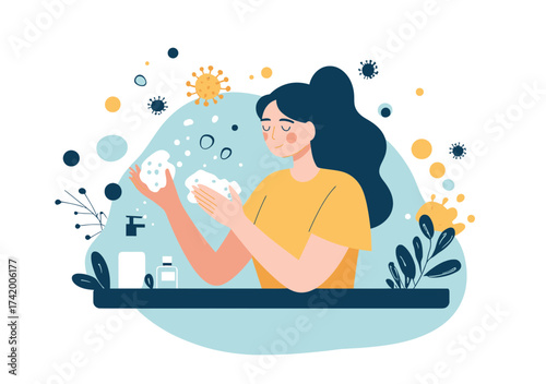 Woman washing hands with soap and sanitizer foam surrounded by virus particles for hygiene and disease prevention vector illustration in flat minimalist style