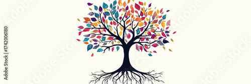 Abstract tree silhouette with colorful multicolored leaves and detailed black roots flat minimalist vector illustration for nature balance concept design