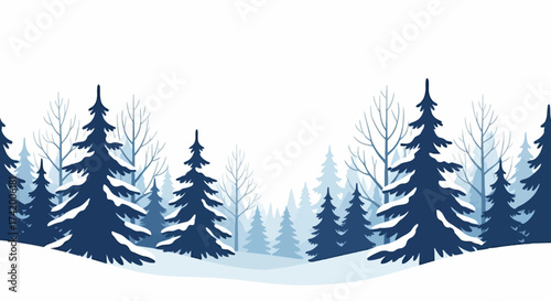 Winter forest scene with dark blue evergreens and lighter blue background trees against a white backdrop
