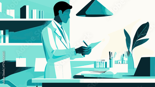 Pharmacist reviewing prescription clipboard in modern pharmacy interior with shelves medication bottles and plants flat vector illustration