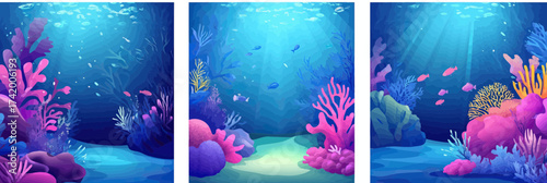 Underwater coral reef landscape set with colorful corals, vibrant fish, blue ocean water, and sunlight rays in minimalist flat vector style posters collection