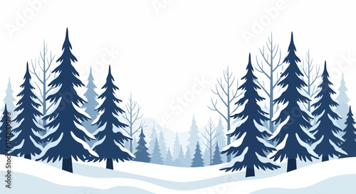 Winter forest scene with dark blue evergreens and lighter blue background trees against a white backdrop