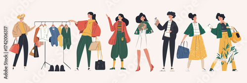 Diverse group of fashionable women shopping and exchanging clothing and accessories in casual modern outfits flat vector illustration