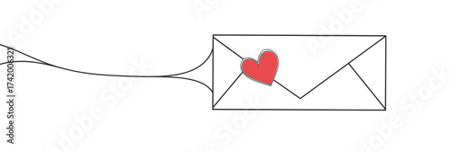 Minimalist continuous line drawing of envelope with red heart seal on white background, love letter concept in simple vector style for romantic messages and communication design