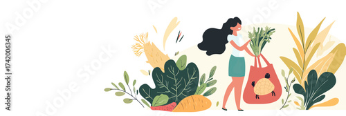 Young woman carrying reusable shopping bag with vegetables, surrounded by fresh greens and natural plants, healthy lifestyle and eco friendly concept flat illustration