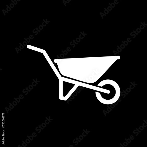 White Wheelbarrow Silhouette Icon for Gardening and Construction.