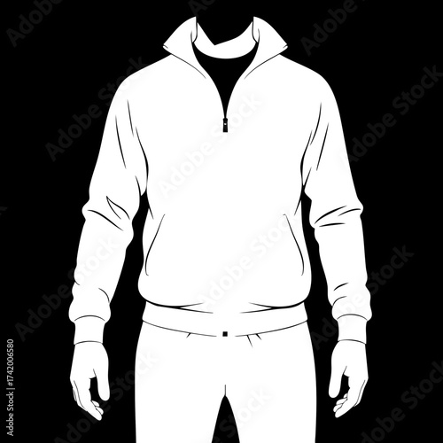 Minimalist vector illustration of a quarterzip sweatshirt and sweatpants on a faceless figure.
