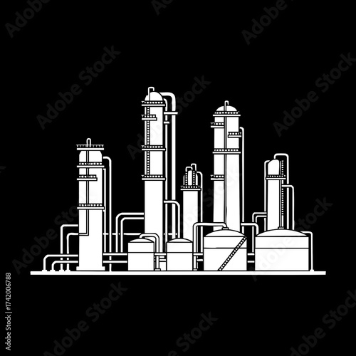 Industrial refinery plant outline illustration on black background.