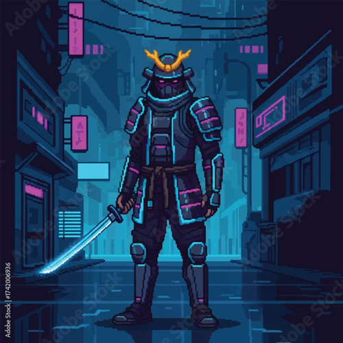 A pixel art illustration of a futuristic samurai warrior standing in a neon-lit cyberpunk city alley at night.