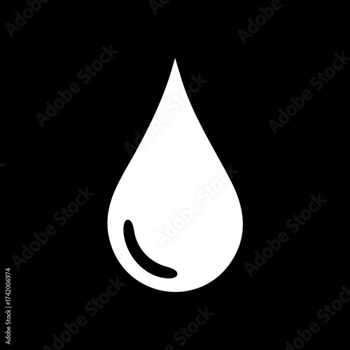Simple white water drop icon on a black background representing liquid.