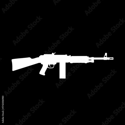 White silhouette of a modern assault rifle on a black background.