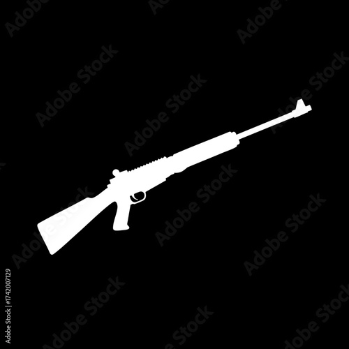 White silhouette of a modern rifle weapon on a black background.