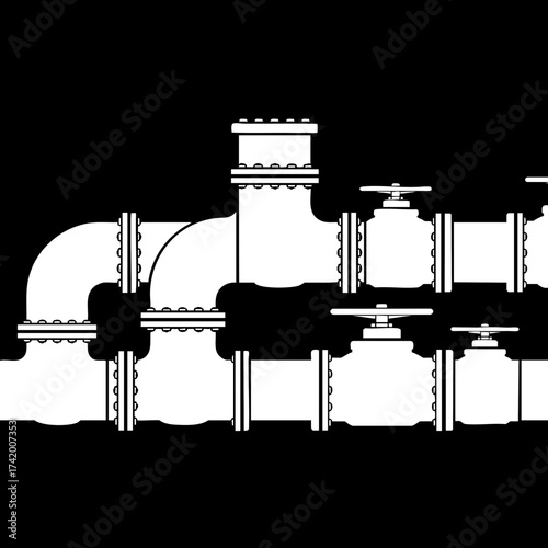 Industrial Piping System with Valves and Flanges Silhouette.