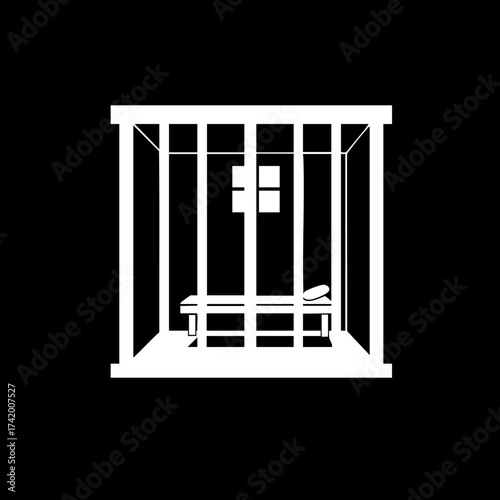 Minimalist prison cell interior with bed and barred window illustration.
