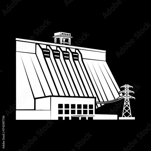 Hydroelectric Dam and Power Transmission Tower Illustration.
