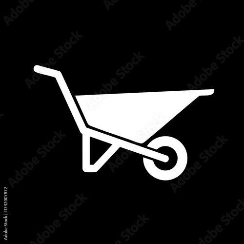 Simple white wheelbarrow icon for construction gardening and material transport tasks.