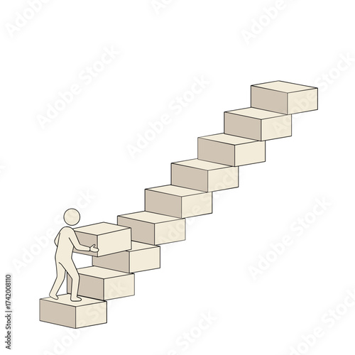 Stick figure climbing staircase made of blocks in minimal style on a transparent background 