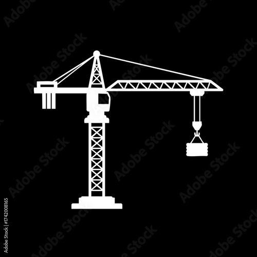 White silhouette of a tower crane lifting materials on a construction site.
