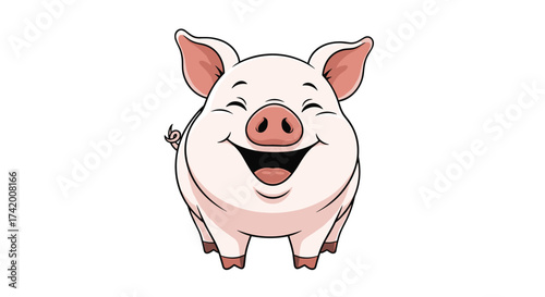A happy and cheerful cartoon pig with a wide smile and rosy cheeks stands joyfully.