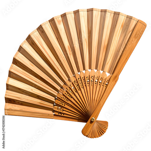 A wooden, open hand fan with light and dark brown wooden blades