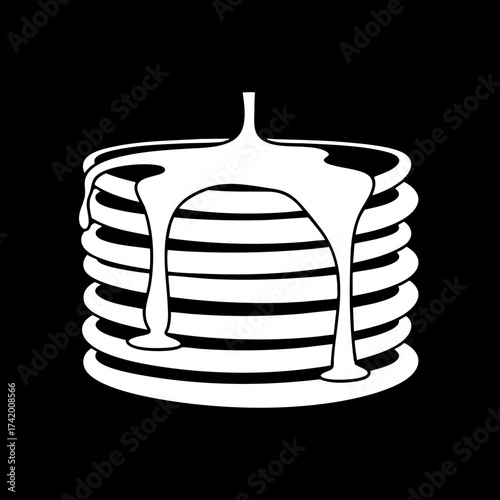 Stack of Pancakes with Syrup Dripping Down Black and White Illustration.