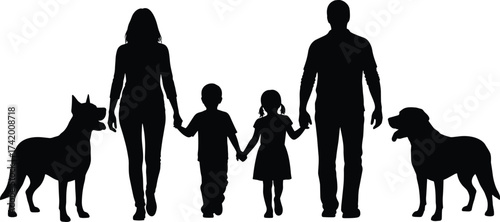 Happy family silhouette walking outdoors with two children and two dogs, symbolizing togetherness, love, parenthood, pet companionship, unity, and wholesome domestic life in vector illustration style