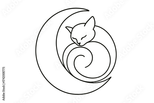 Artistic Cat Embracing Moon in Minimalist Graphic Design for Relaxed Home Atmosphere