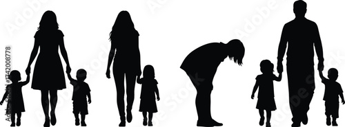 Family silhouette collection showing parents with children in walking, holding hands, and bending poses — ideal for parenting, togetherness, child care, bonding, and wholesome lifestyle vector 