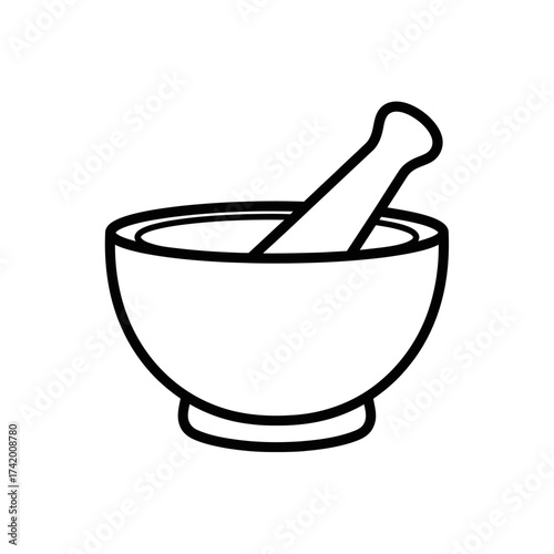 Simple Line Art Mortar and Pestle Icon - Black and White Hand-Drawn Outline for Pharmacy, Cooking, and Herb Grinding Vector