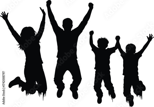 Energetic family silhouette jumping with arms raised in pure joy, celebrating togetherness, success, freedom, and happiness — ideal for parenting, lifestyle, emotional connection, and victory