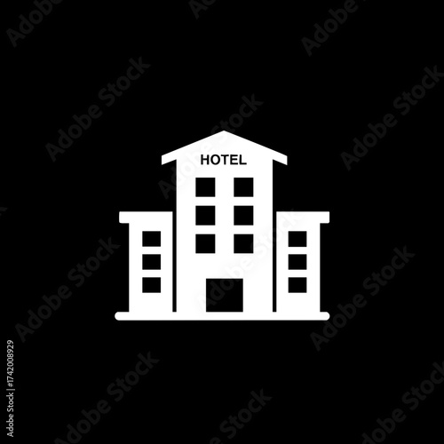 Minimalist white hotel building icon on black background.