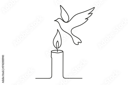 Candle Lighting Event, Bird in Flight, Serene Atmosphere, Graphic Illustration, Minimalistic Design, Artistic Perspective, Fusion Concept