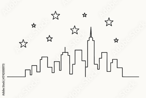 City Skyline Art, Urban Architecture, Night Scene, Illustration, Starry Background, Minimalist Design Concept