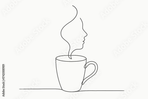 Creative Concept, Face in Steam, Coffee Cup, Minimalist Illustration, Calm Environment, Side View, Artistic Expression