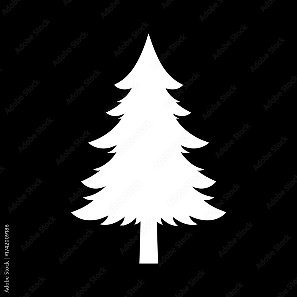Fototapeta premium Simple white pine tree silhouette on black background.